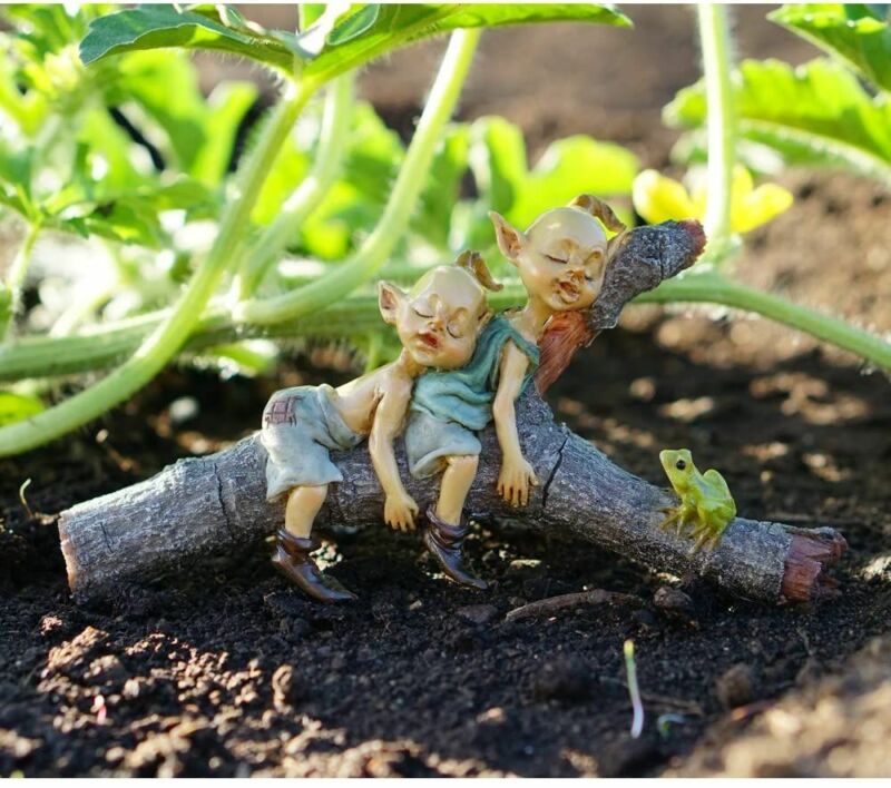 Miniature Fairy Garden Twin Pixies Napping on Tree Log - Buy 3 Save $5
