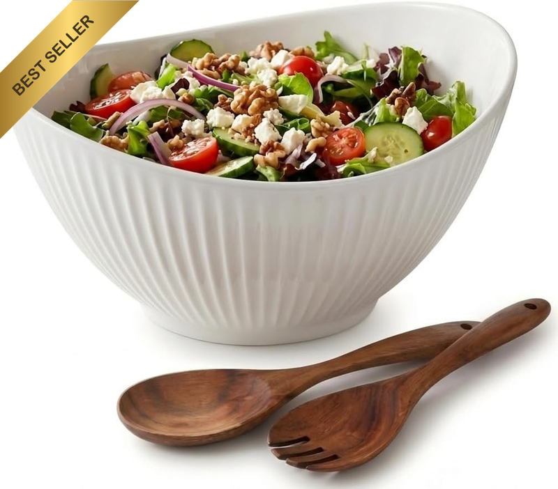 Large Ceramic Salad Bowl 25Cm/10 with Wooden Utensils - 1700Ml Mixing Bowl for S