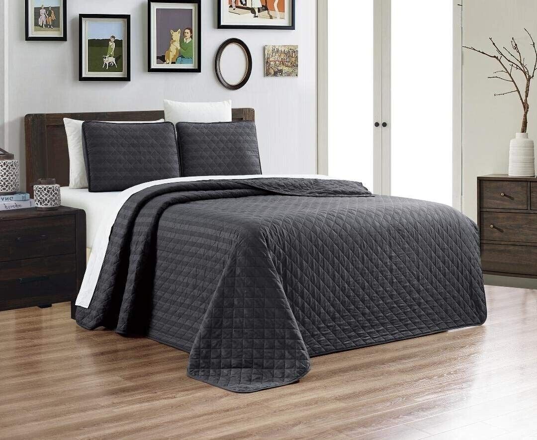 Dobby Stripe Quilt Set Reversible Bedspread KING SIZE Grey /
