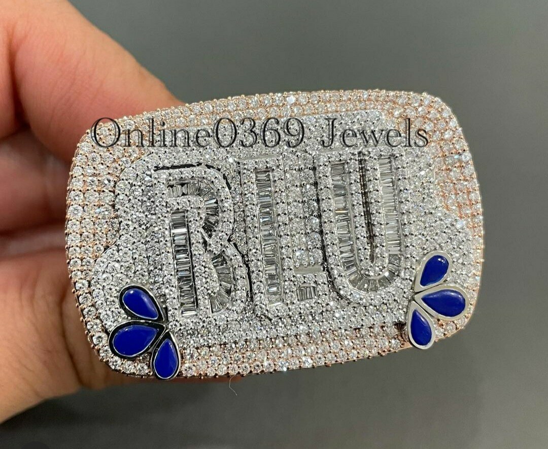 Pre-owned Online0369 For Men's Giant Custom Name 6ct Round Baguette Moissanite Ring In 925 Silver In White