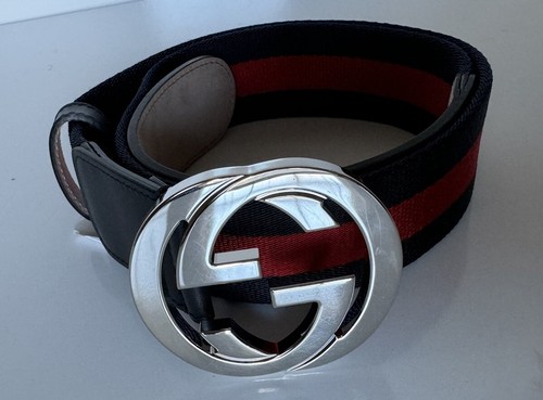 Pre-owned Gucci Web Gg Silver Buckle Leather/fabric Belt Blue/red 80/32 Italy 411924