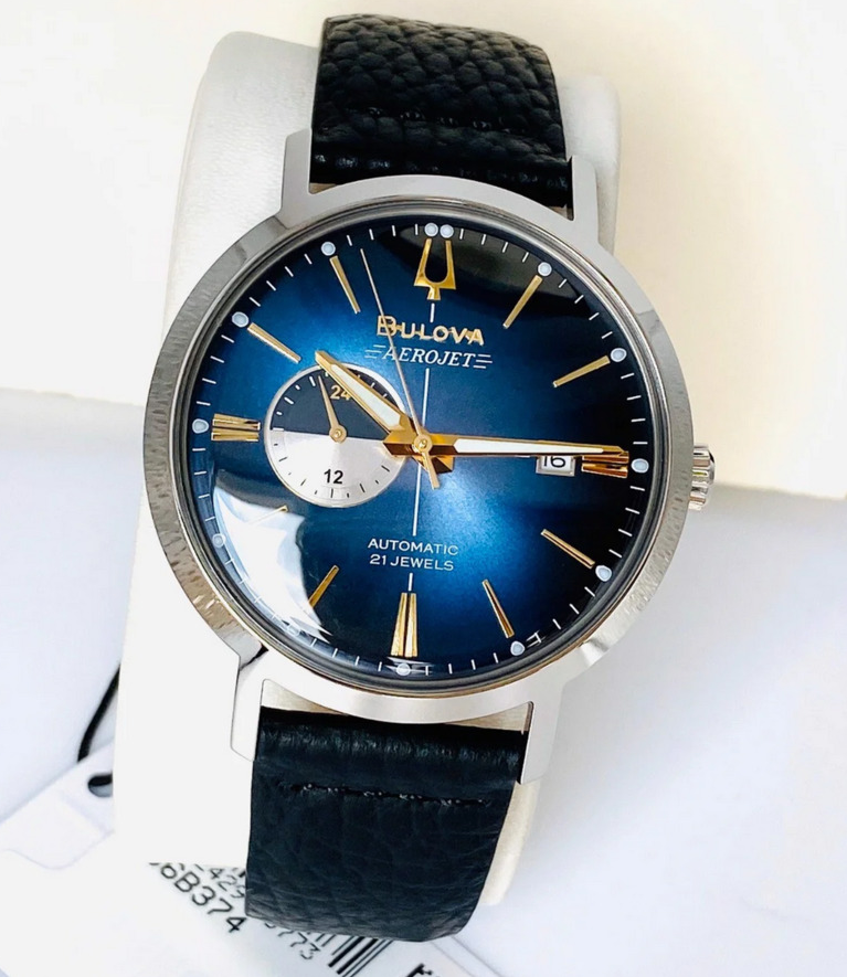 Pre-owned Bulova 96b374 Aerojet Automatic Men's Watch Blue Dial Leather Band