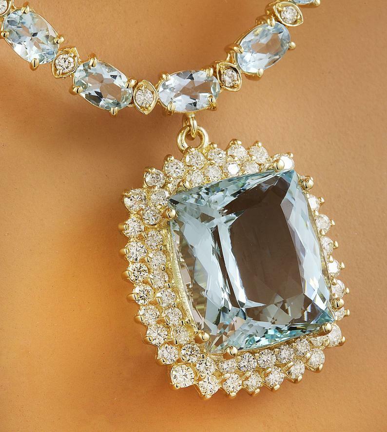 Pre-owned Online0369 Women Tennis Chain Pendant Necklace Set In 6.81ct Aquamarine Cubic Zirconia