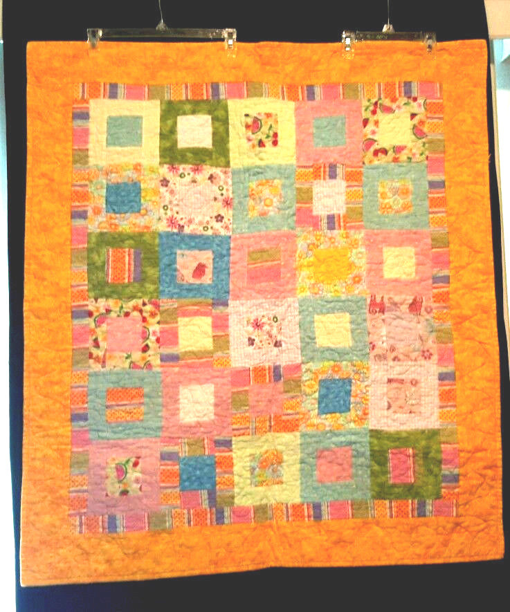 Handmade Quilted Baby Blanket Orange With Multi Colored Squares 37.5