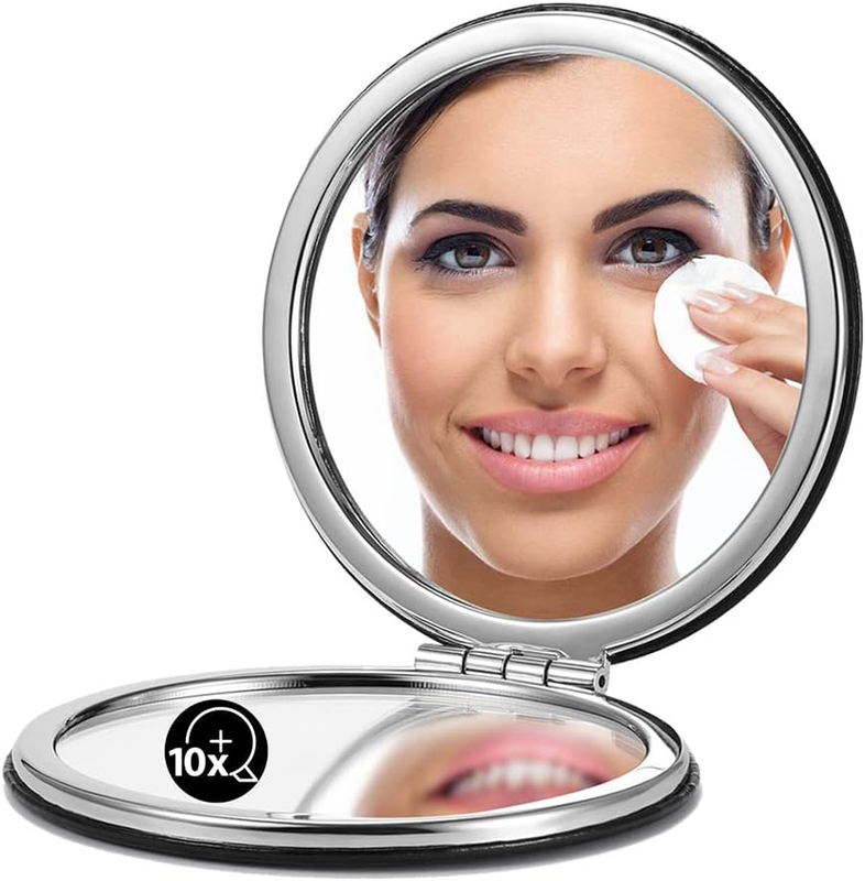 Compact Mirror with 1X/10X Magnification, round with PU Leather, Ultra-Portable 