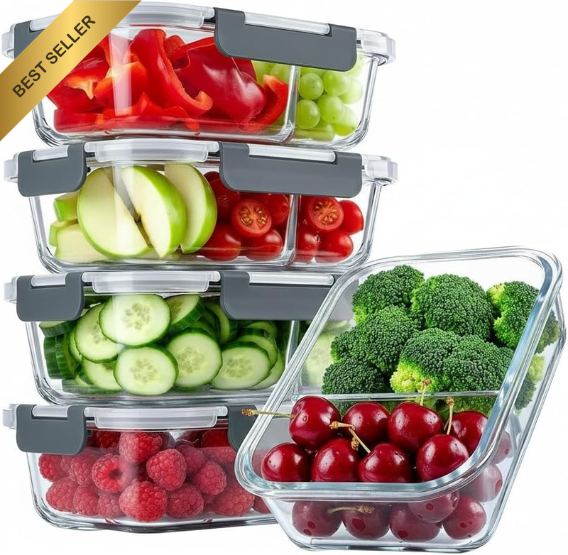 5 Pack Glass Meal Prep Containers 2 Compartment Set, 1040ML(35OZ) Airtight Glass