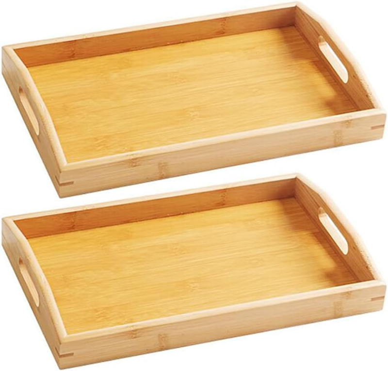Bamboo Tray, 2 Pack with Handles, Wood Serving Trays, Portable Bed Tray, Rectang