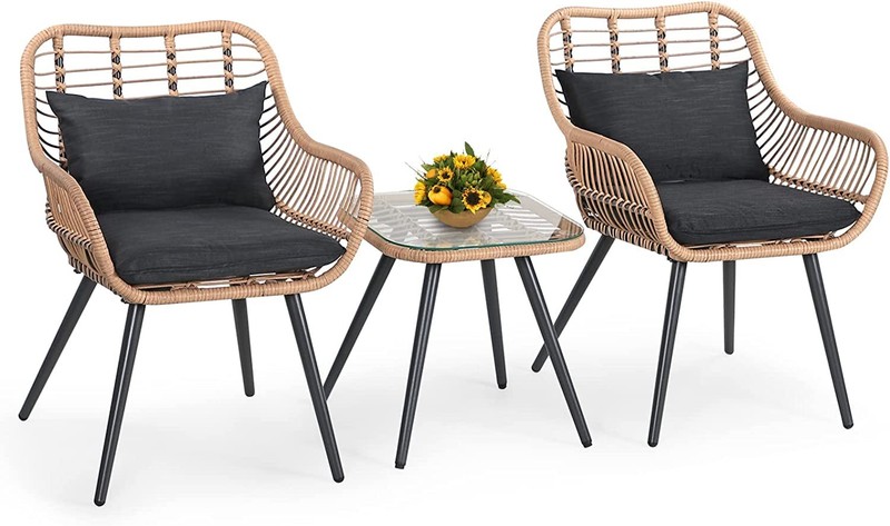 3 Pcs Outdoor Wicker Conversation Set Patio Furniture 2 Chairs Cushions 1 Table