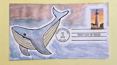 Hand Drawn & Painted First Day Issue Cover / Baby Whale & Maine Lighthouse / FDC