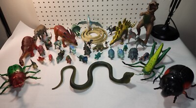 Lot of 35 Vintage Plastic Rubber Dinosaur Prehistoric Figures & Some Bugs Snakes