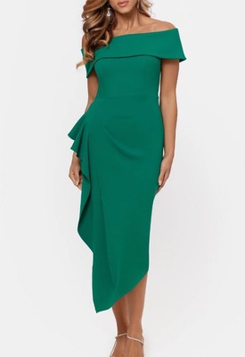 Женское коктейльное миди-платье Betsy & Adam с открытыми плечами и рюшами, зеленое, 10