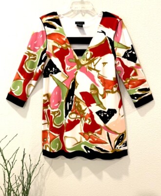 EVA VARRO WEARABLE ART TUNIC LARGE MINI DRESS BOLD VIBRANT MOD PEEK-A-BOO V NECK
