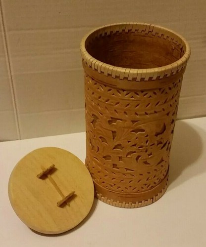 Handcrafted Russian Birch Bark Floral Decorated Storage Canister or Trinket Box