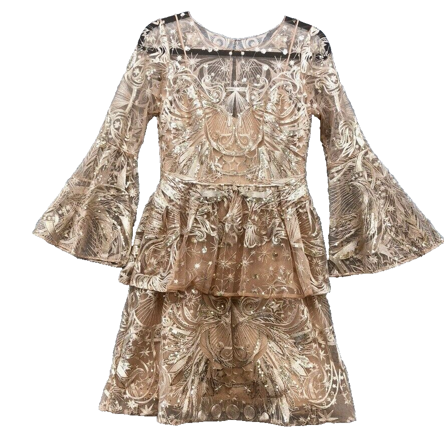 Marchesa Notte チュール 刺繍 ロング フレア ドレス 関税込み 再販売セール！ Marchesa Notte マルケッサノッテ メタリック