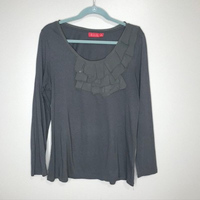 Elle Women's Modal Long Sleeve Ruffle Front Detail Knit Top Gray Steel Size XL