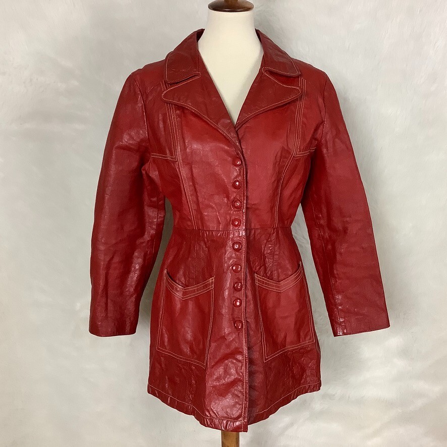 ジャケット・アウター Vnintage leather mods coat Vintage 70s Mod Red Leather Collared Snap Front Jacket | eBay