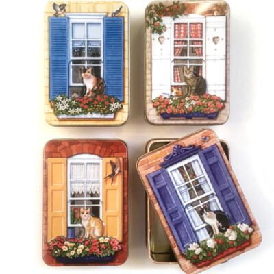 4 CAT ON FLOWER WINDOW SILL BOX TIN Dana Kubick Keepsake Storage Trinket Gift