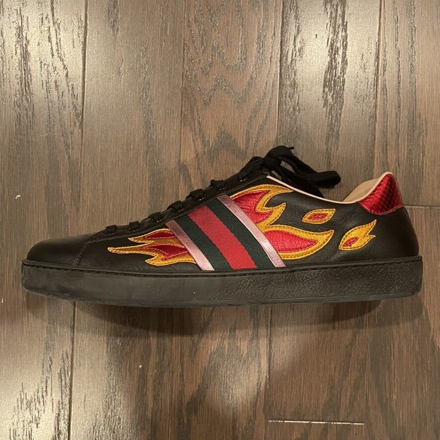 

Gucci Ace Embroidered Sneaker Flame Черный Красный Зеленый Оранжевый Обувь Мужские 9, Gucci Ace