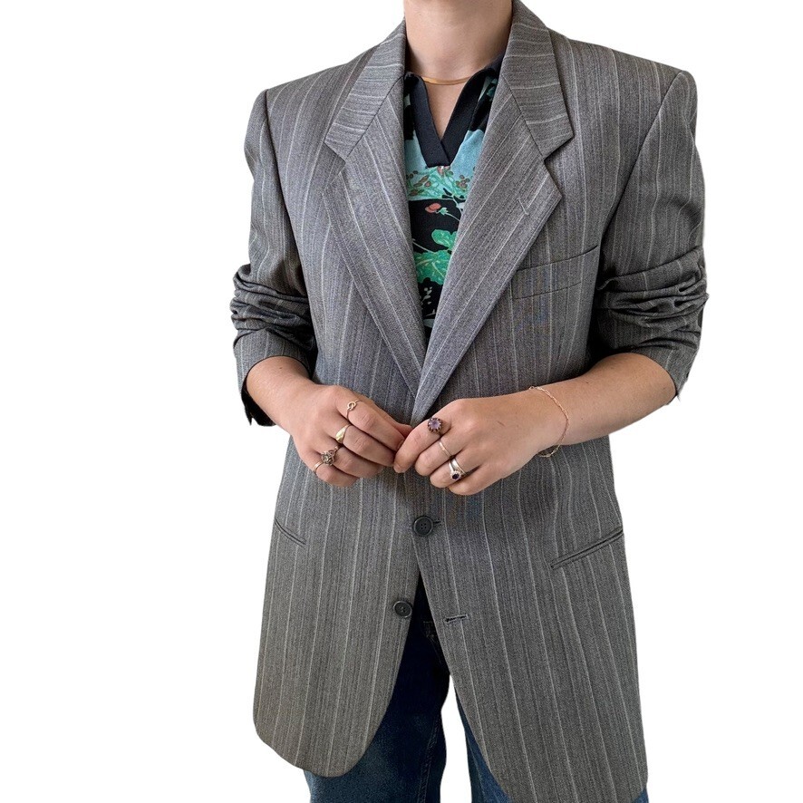 ジャケット Saint Laurent Blazer Vintage Yves Saint Laurent YSL Grey Striped Wool Preppy