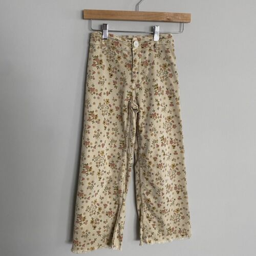Zara Floral Jeans Girls 9 134CM Wide Leg Raw Hem Ivory