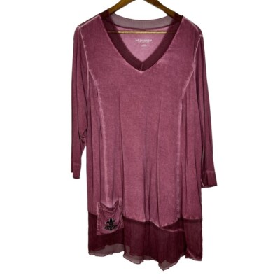 Soft Surroundings Purple Berry Fleur-De-Lis V-Neck Long Sleeve Shirt Sz XL Women