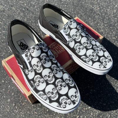 Skull Pattern on black slip on Vans shoes custom