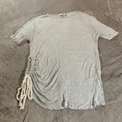 Mango Womens Small T Shirt Blouse Gray Rib Knit Short Sleeve Ruched Stretch