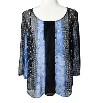 Style & Co Womens Peasant Top M Blue & Black Floral Mix Print Bell Sleeve Sheer