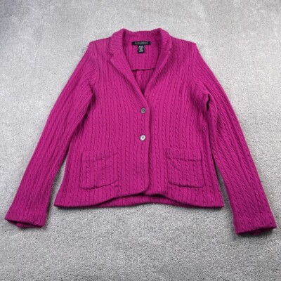 Dialogue Sweater Womens Medium Pink Cardigan Merino Wool Blend Cable Knit