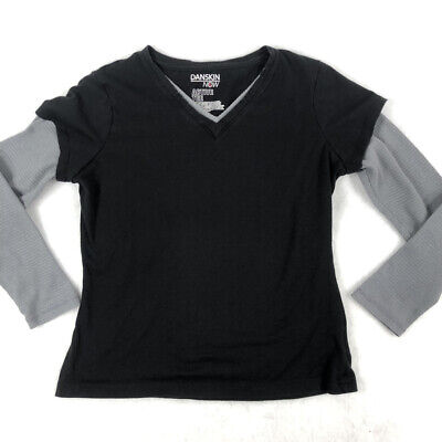 Danskin Now Active T Shirt Girls Teen Large 12 14 Black Top Gray Thermal Long 