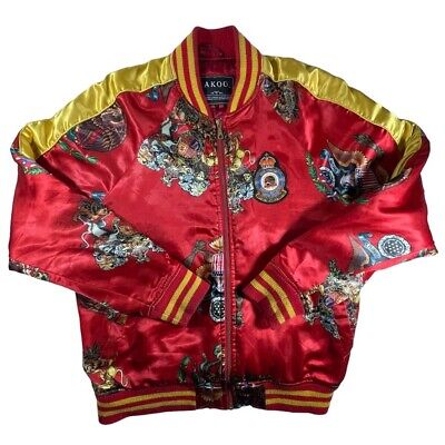 Akoo International eagle all over print bomber jacket full zip red x yellow