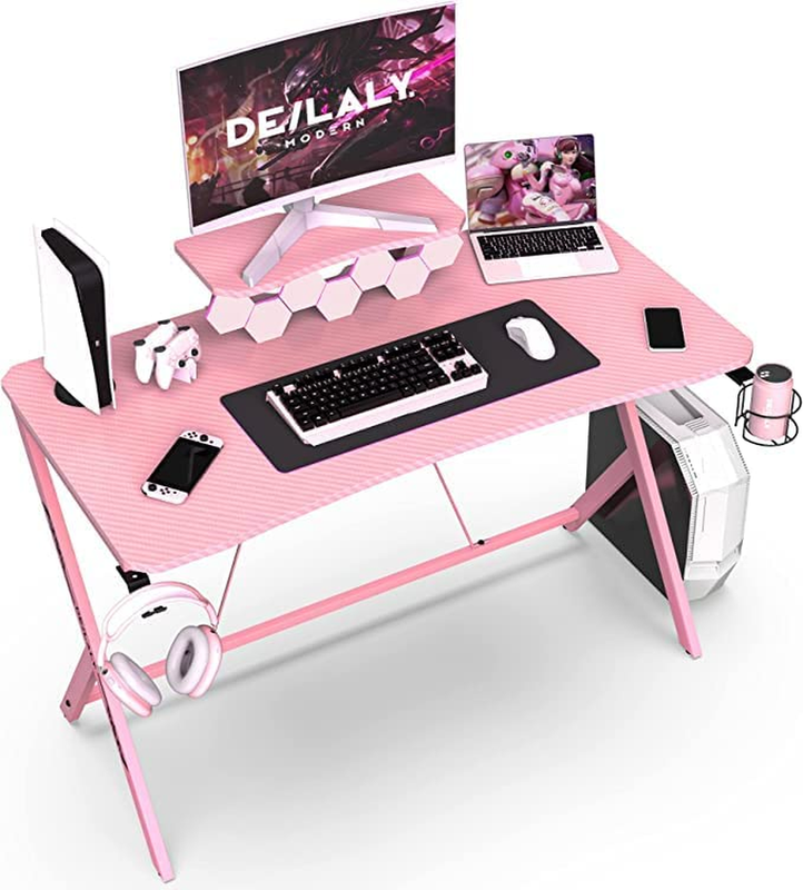 Pink Gaming Desk Computer Table Gamer Desk with Monitor Shelf Office Home Study