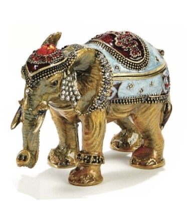 Ornate Decorated Elephant Trinket Box, hinged, jeweled enameled NIB