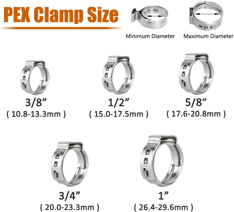 100pcs 1/2 Inch PEX Cinch Clamps, 304 Stainless Steel Cinch Crimp Rings Pinch Cl