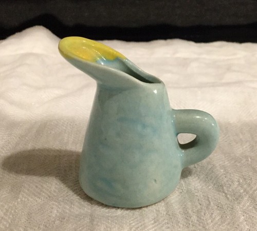 VTG MINIATURE PITCHER Ceramic Baby Blue & Yellow Watering Can Design with flower