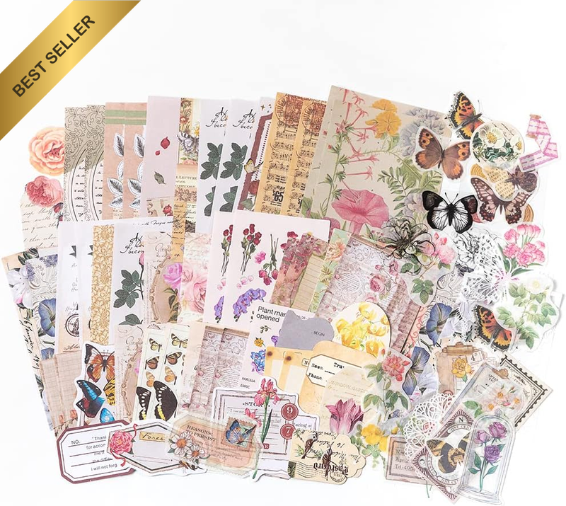260Pcs Vintage Scrapbooking Stickers Pack,Retro Flowers, Plants, Coffee, Lace, D