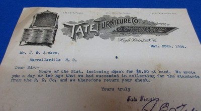 1904 Tate Furniture Company High Point North Carolina Invoice