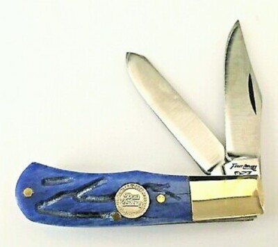 Frost 2.5'' Little Jim Bowie Trapper Pocket Knife - Blue Worm Groove Bone Handles