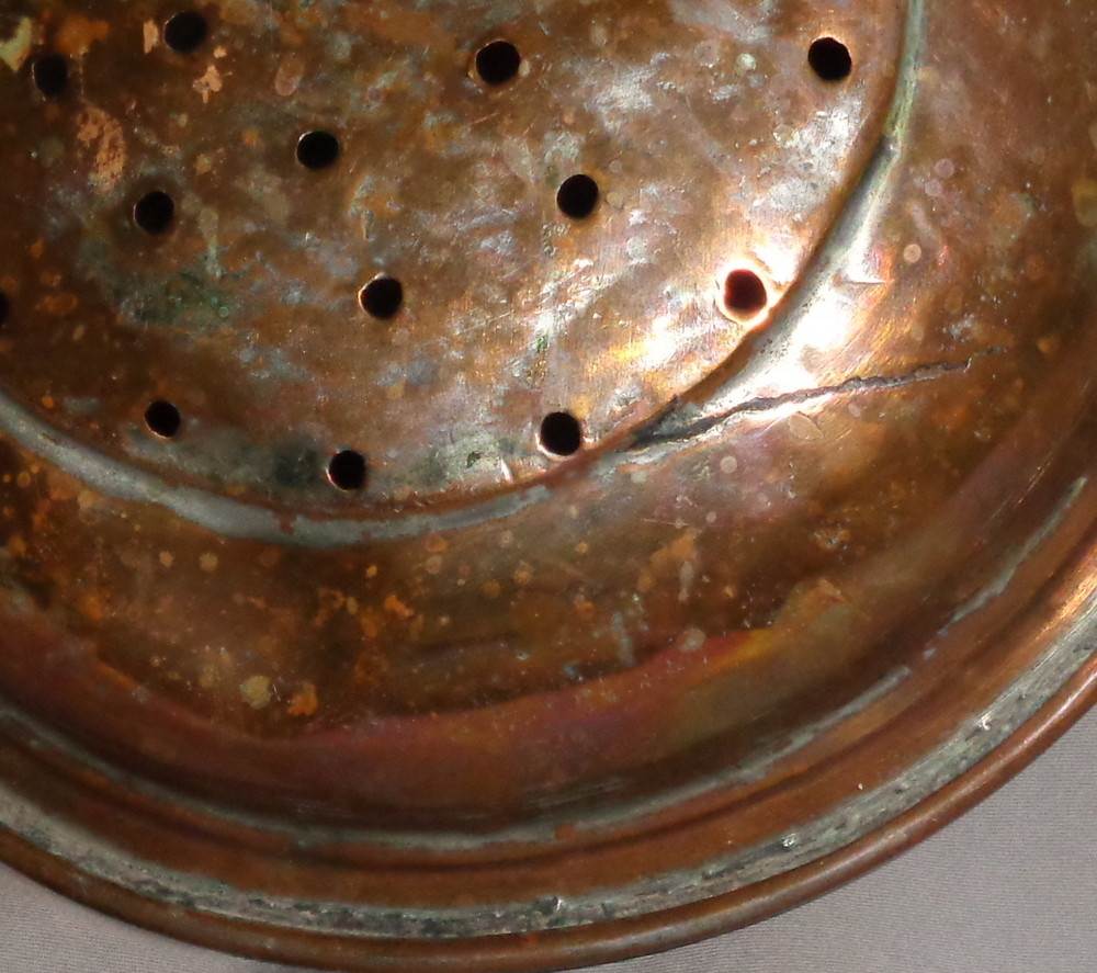 Old Tin Copper Bottom Strainer Sieve Colander Primitive Rustic Farm House Patina