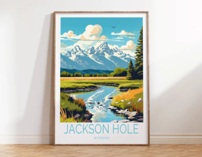 Jackson Hole Mountain, River & Pine Tree Poster Premium Quality Choose your Size