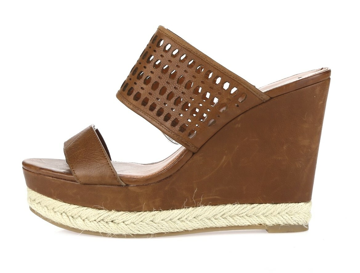 Womens Via Spiga Cognac Leather High Wedges Slides Shoes Sandal Size 9.5 Medium
