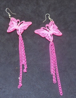Pink Metal  butterfly & chain long 6 in style chain Tassel Dangle Earrings (397)