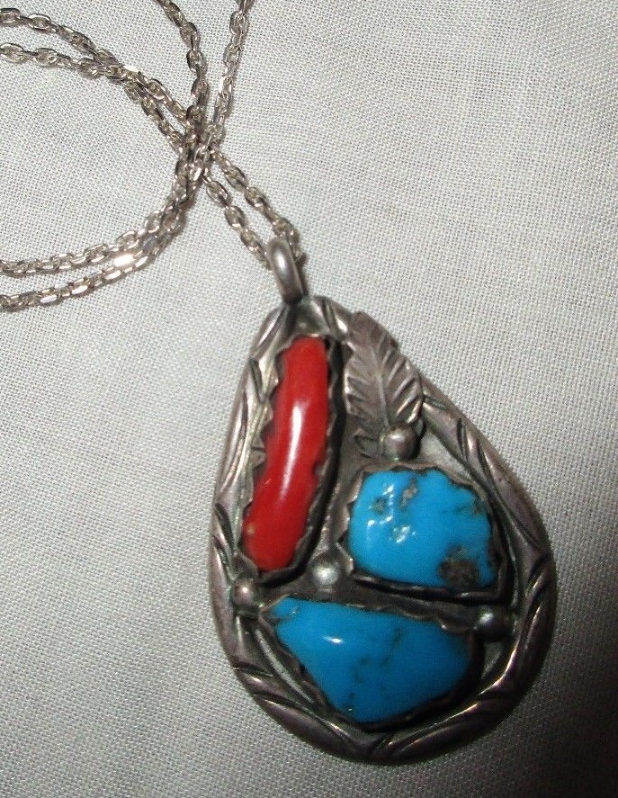 STERLING SIGNED ESTATE CORAL TURQUOISE PENDANT PENKETEWA SOUTHWESTERN NECKLACE