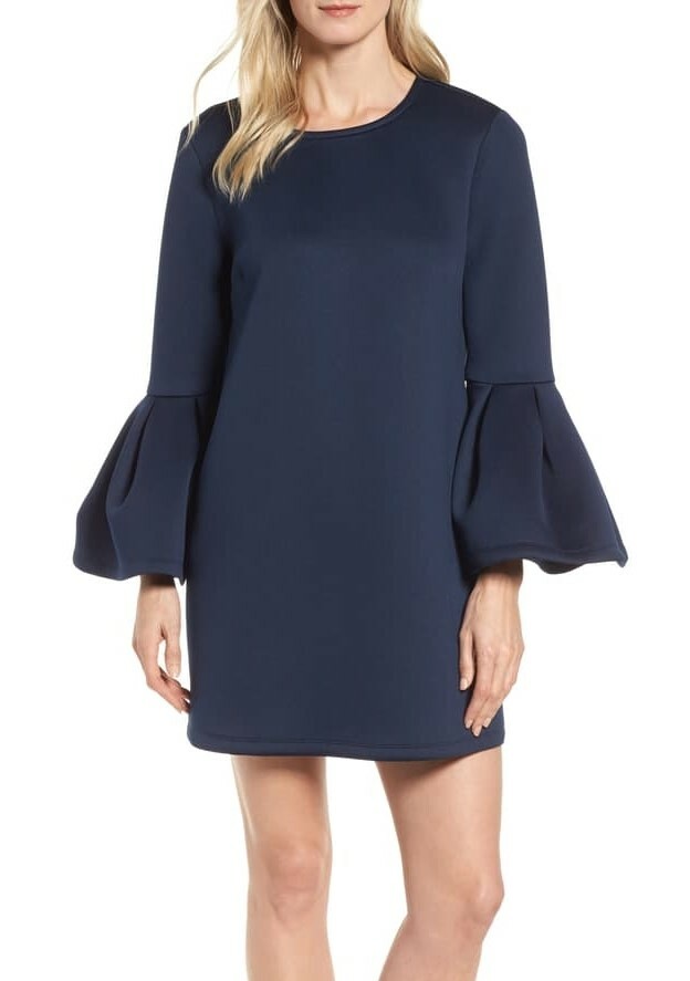 PLEIONE 158533 Women's Bell Sleeve Shift Dress Scoop Neck Navy Sz. Medium