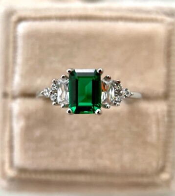 3.00 Ct Emerald Cut Stunning Natural Emerald & Diamond Ring 14K White Gold 7 8
