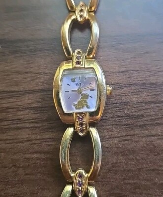 Disney Winnie The Pooh Goldtone Women's 3 Rhinestone Link Watch MC0274 S11