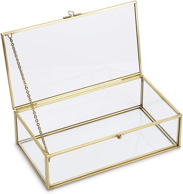 Hipiwe Vintage Glass Keepsake Box, Rectangle Jewelry Display Large, Gold 