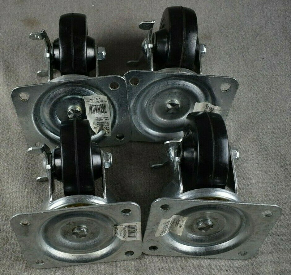 Lot of 4 Soft Rubber Swivel Plate Caster Wheels Rolling 225 Lbs Brakes 4