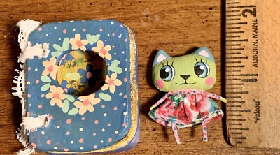 RARE Artisan Artist Miniature Tiny Anime Cat 1.5  In Box Too Adorable LOOK!