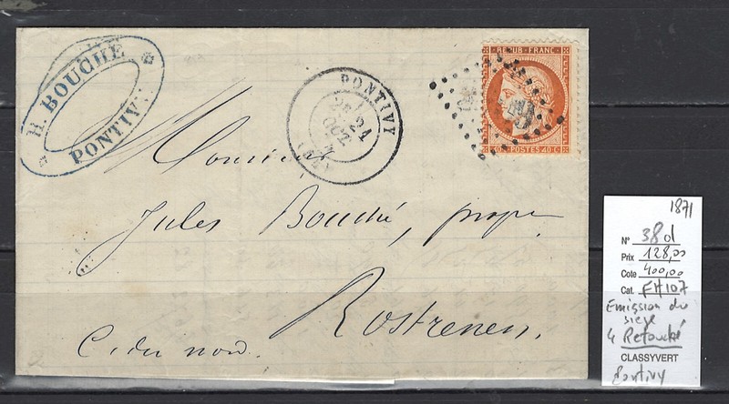 France - Lettre  Pontivy - Morbihan - Yvert 38d - 4 Retouche -